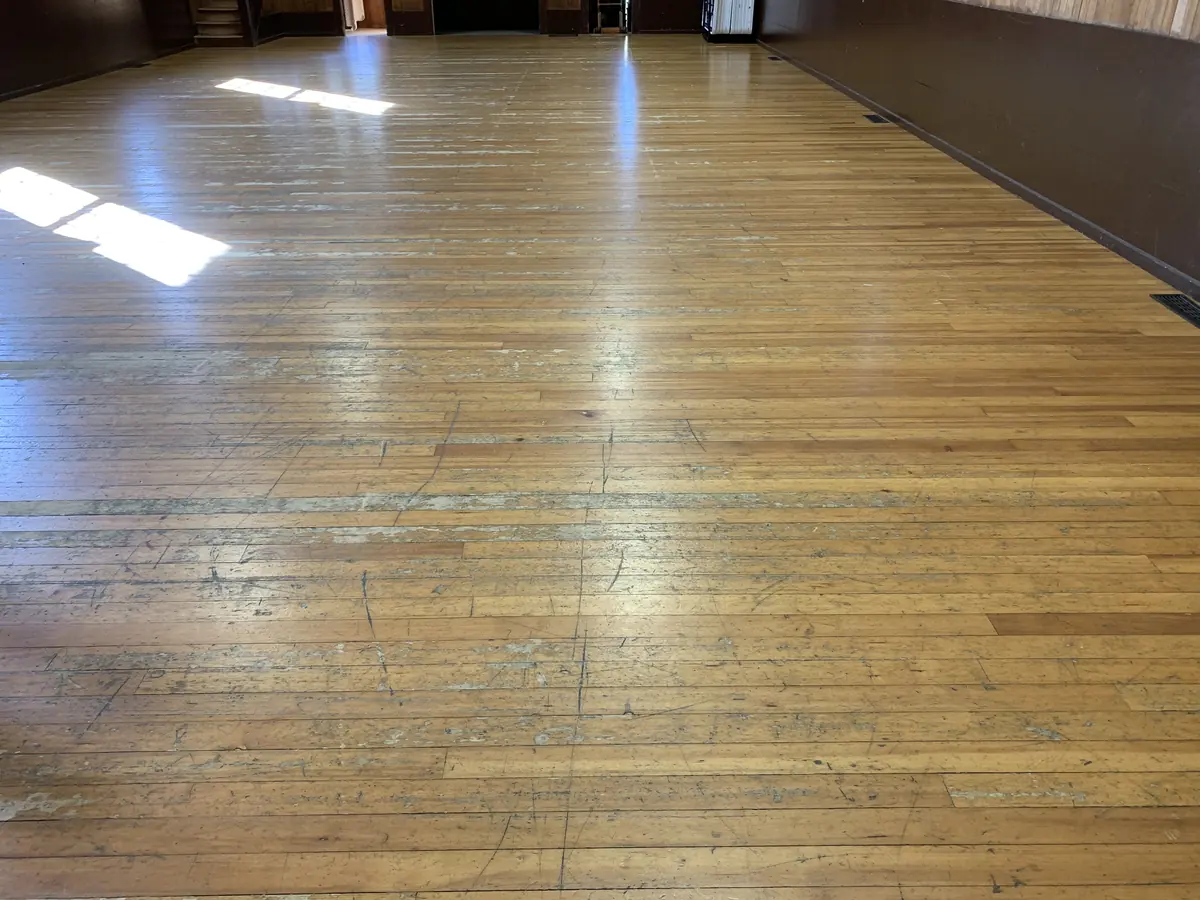 Ruskin Community Hall floor before refinishing