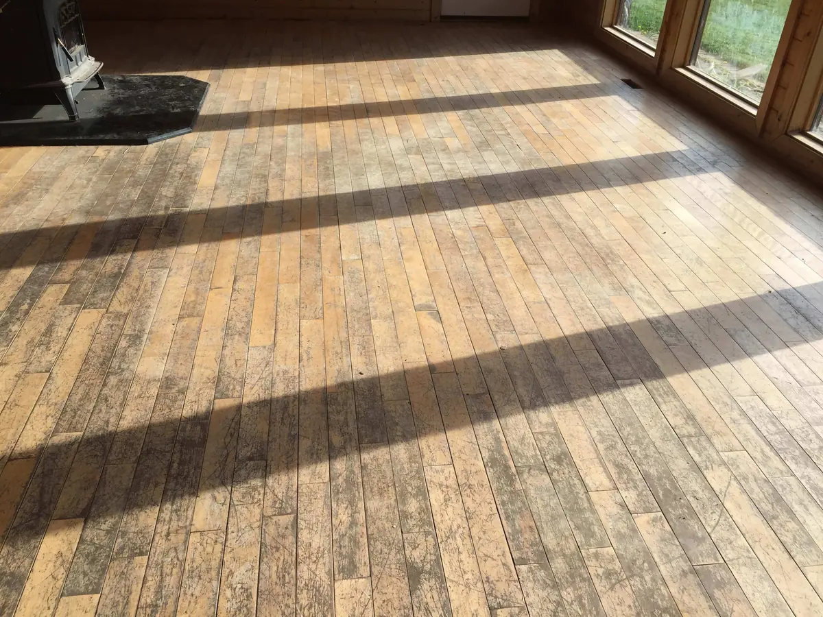 Grey, weathered fir floor before refinishing